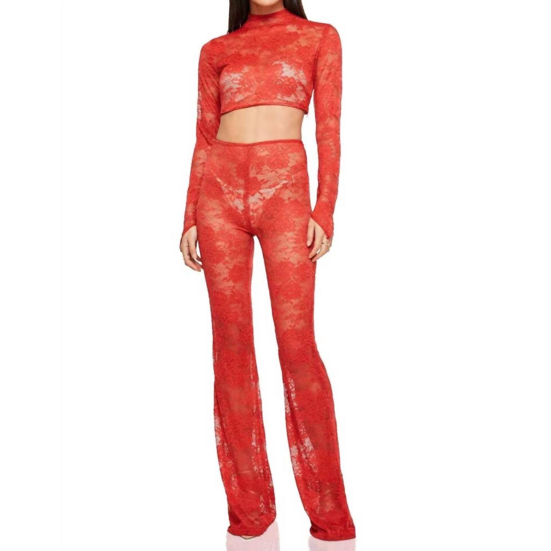 New Nookie Heaven Lace Set Crop Top And Pants In Red